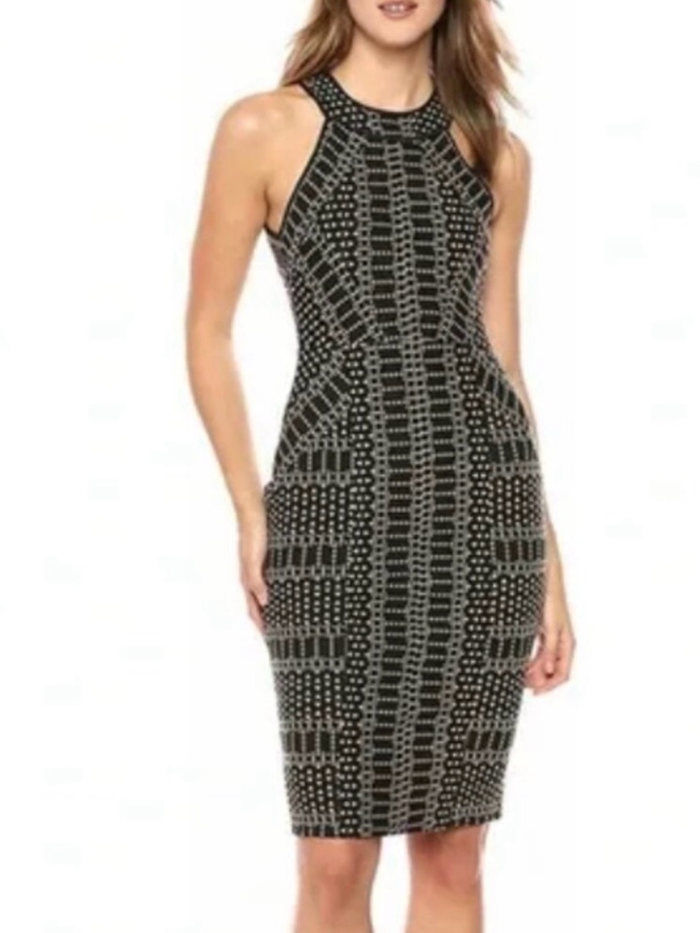 BCBGMaxAzria Black Geometric Halter Bodycon Dress